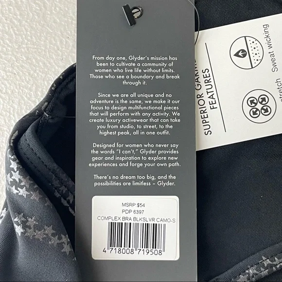 GLYDER NWT COMPLEX STRAPPY BACK SPORTS BRA BLACK CAMO STAR SILVER SMALL - Picture 5 of 6